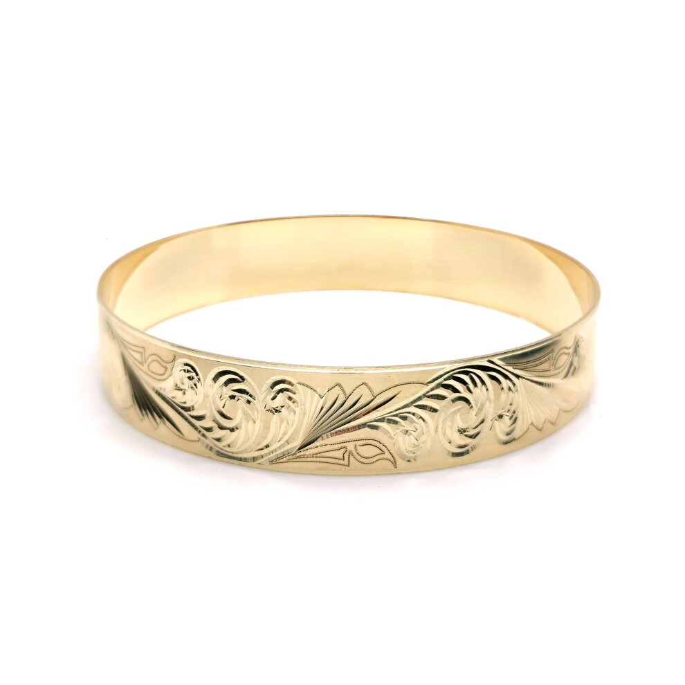 Jewelco London Ladies Solid 9ct Yellow Gold Diamond-cut Baroque Filigree Pattern Slave 12mm Bangle Bracelet - JBG359-02