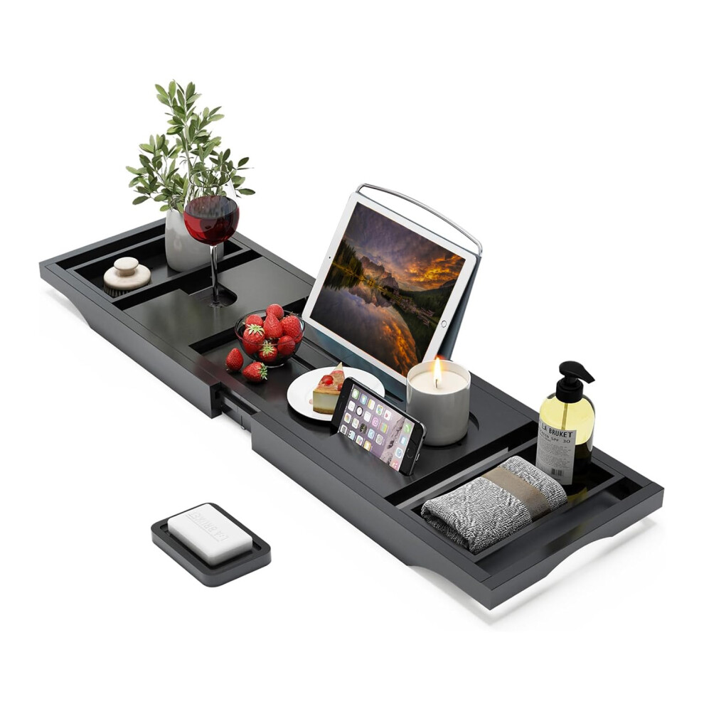 Mantraraj Bamboo Bath Tray Extendable Bath Caddy Trays For Bathtub Accessories With Tablet Wine Phone Soap Holder Rack Black