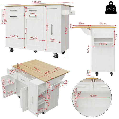 Extendable Kitchen Island with Snack Shelves,White 1