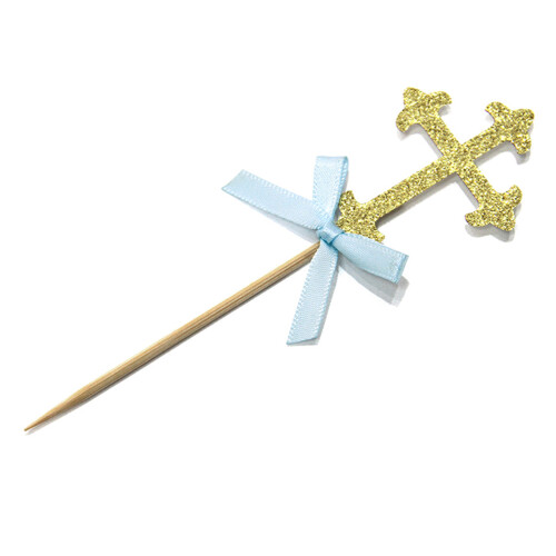 24 cake toppers glitzer mit blauer schleife 1
