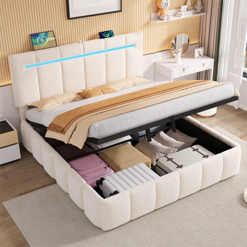 King Upholstered Bed Frame with LED Channel, Beige