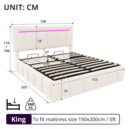 King Upholstered Bed Frame with LED Channel, Beige 1