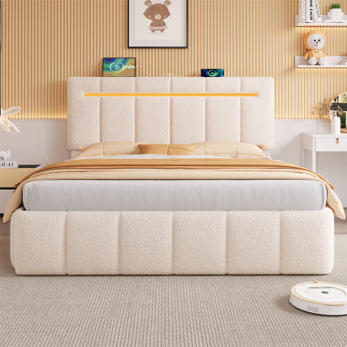 King Upholstered Bed Frame with LED Channel, Beige 2