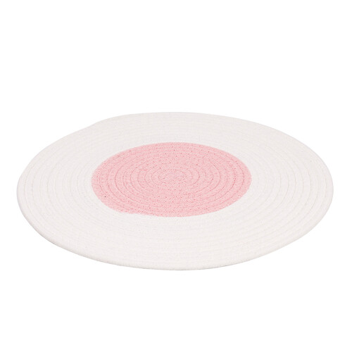 knitted cat sleeping mat with scratching pad, pink and white
