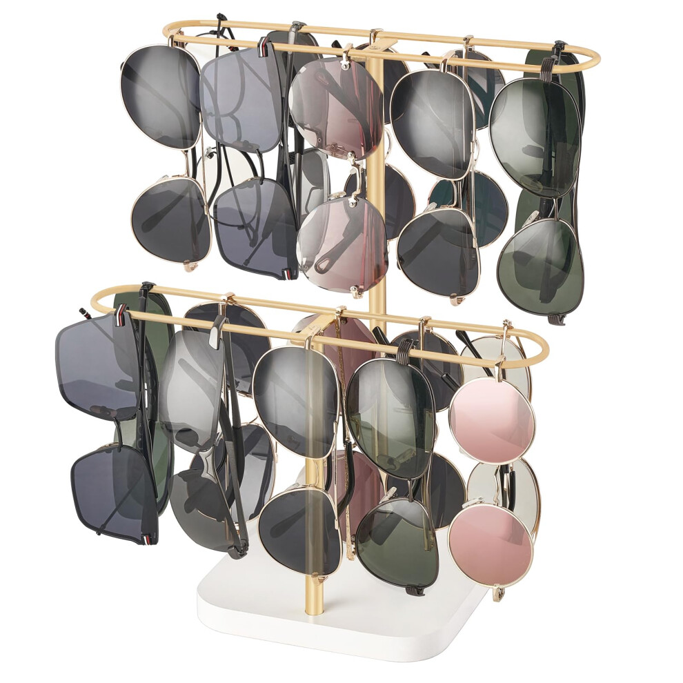 Sunglasses Organizer Holder Stand 24-Pair Eyewear, 2-Tier Display Rack, Metal Frame Wood Base Tabletop Gold