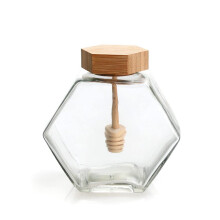 Empty Glass Honey Jar With Dipper Hexagon Shape 380ml (12.8oz) Glass Dispensing Container For Honey Syrup Jam Jelly