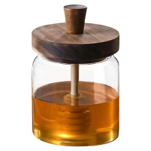High Borosilicate Glass Honey Dispenser With Airtight Wooden Lid Built-In Dipper No-Drip Honey Pouring