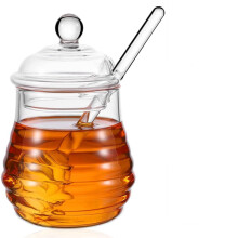 Glass Honey Pot With Spoon And Lid, Clear Glass Honey Container, Kitchen Storage Jar, Honey Dispenser