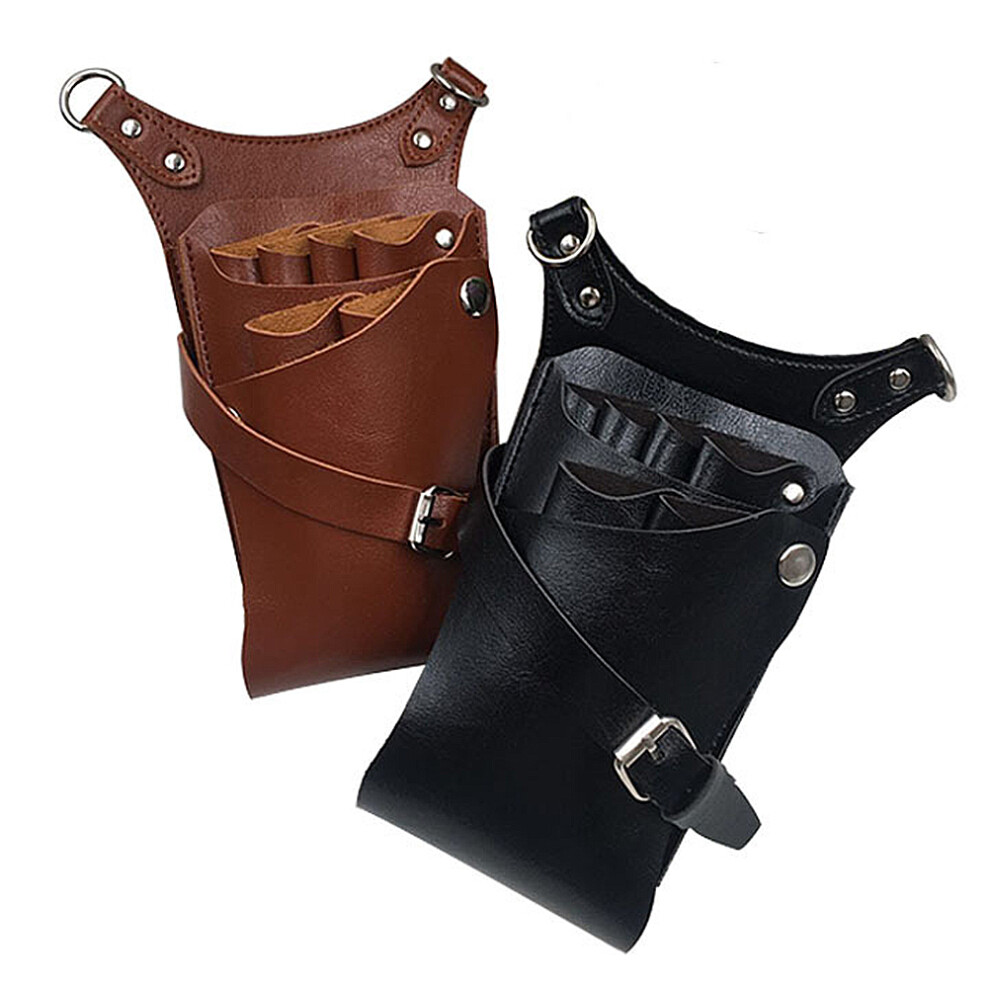 Vaguelly Pu 6-Slot Scissors Pouch Waist Bag For Barber Tools Brown