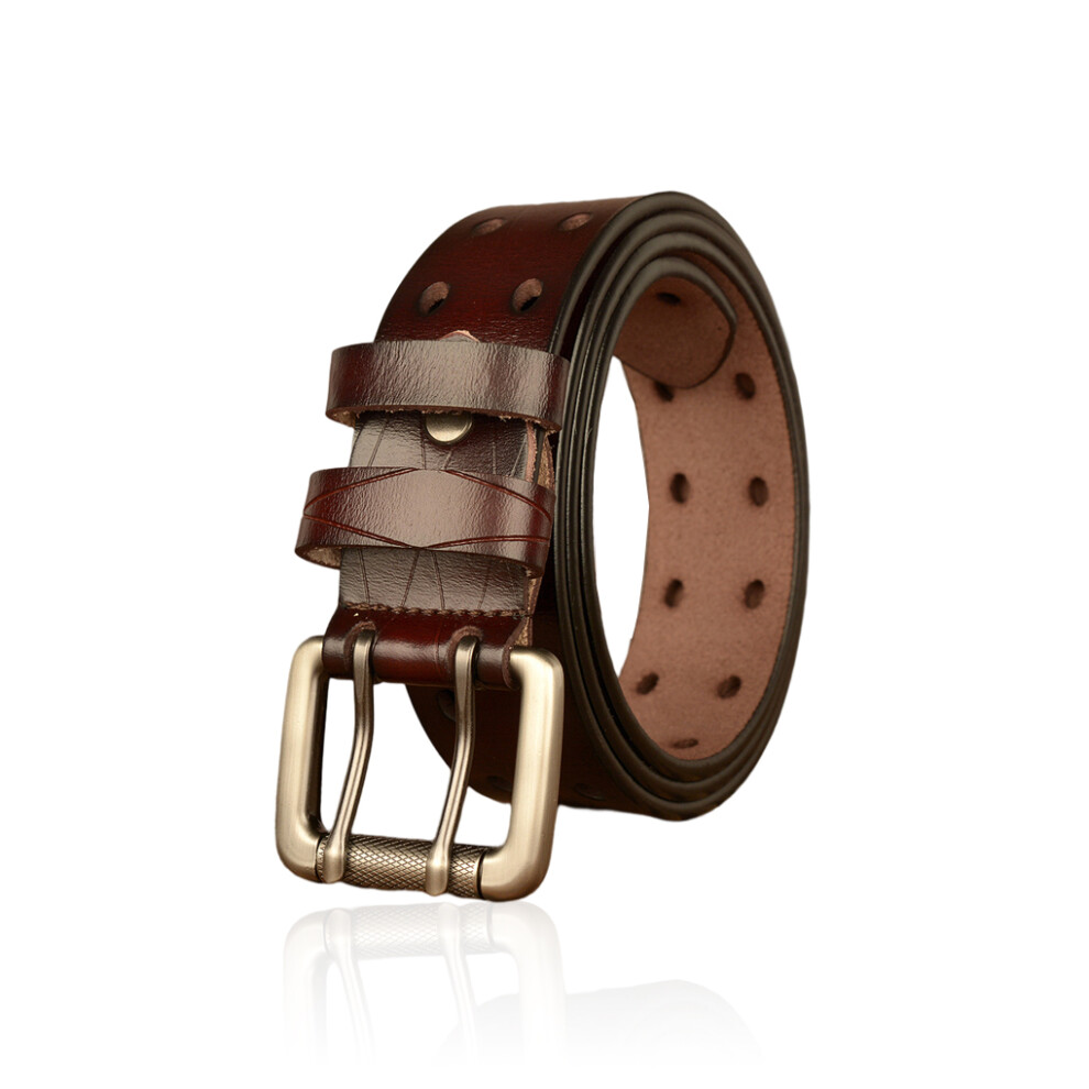 (Coffee Color, 110cm) Men Leather Belt Double Buckle Hollowed Out Waistband Casual Classic-image-OPC-PKS7HQQ-NEW