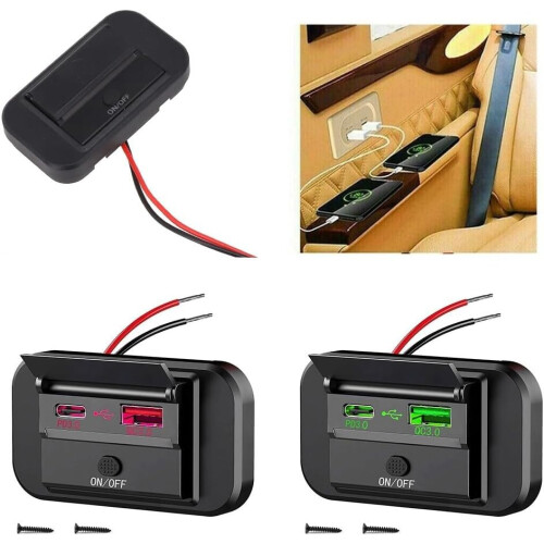 Car Charger Socket 12V/24V DC Input, PD Type-C USB Port, Quick Charge 3.0, Panel Power Outlet, Red 1