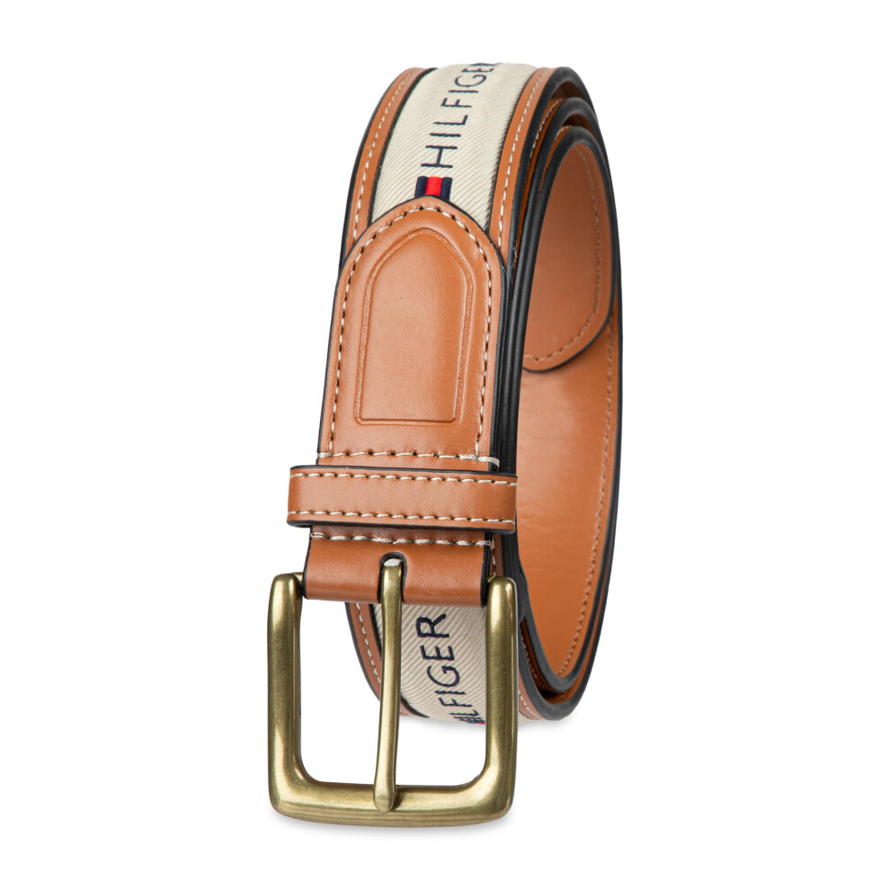 Tommy Hilfiger Men's Ribbon Inlay Belt - Ribbon Fabric Design With Single Prong Buckle Khaki 32