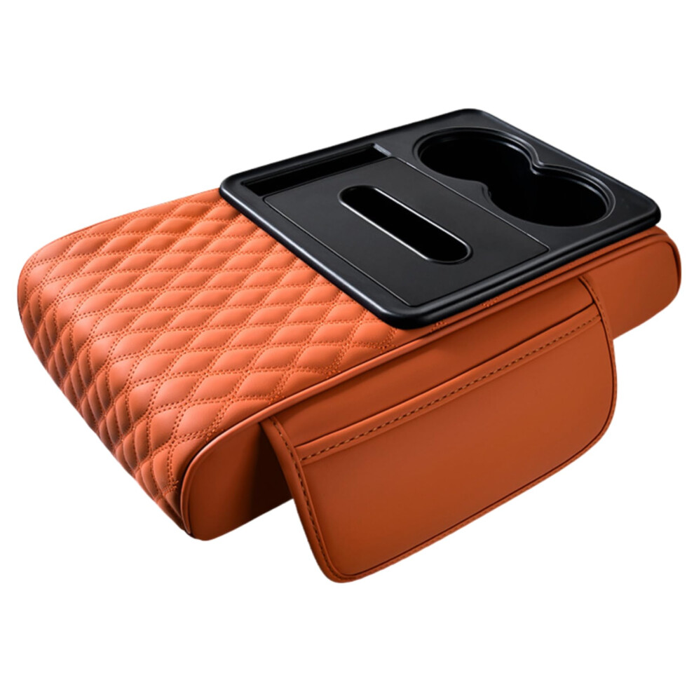 Car Armrest Pad Height-Increasing Tissue Box Cup Holder Storage Center Console Armrest Nappa Leather Bright Orange 9354506975074
