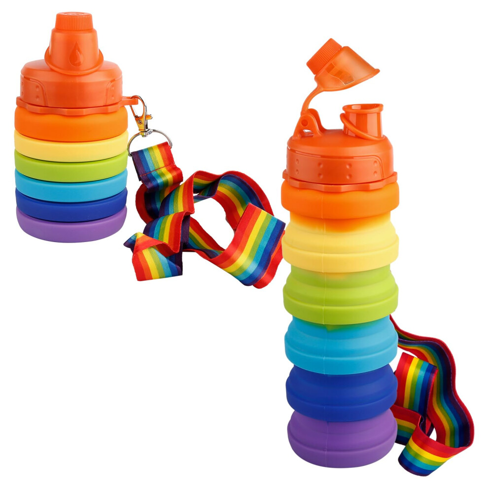 500ML Silicone Water Bottle For Kids, Collapsible Water Bottle, Portable, With Lanyard Straps, Rainbow