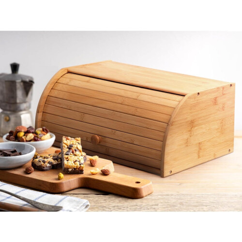 MantraRaj Bamboo Bread Bin Storage Counter Top Roll Top Bread Box Space Saving for Countertop Store Bread Cake 1