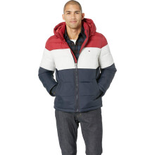 Tommy Hilfiger Herr Klassisk Huva Puffer Jacka (Standard och Storlek & Lång), röd/vit/mörkblå, Medium