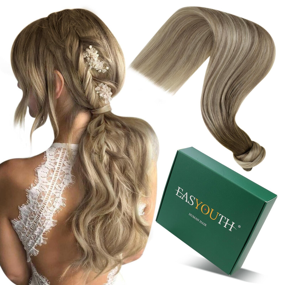 Easyouth Unisex Brown,Silver Ponytail Extension Human Hair Balayage Clip In Ponytail Hair Extensions Human Hair Balayage Walnut Brown Ombre Ash Blonde With Platinum Blond