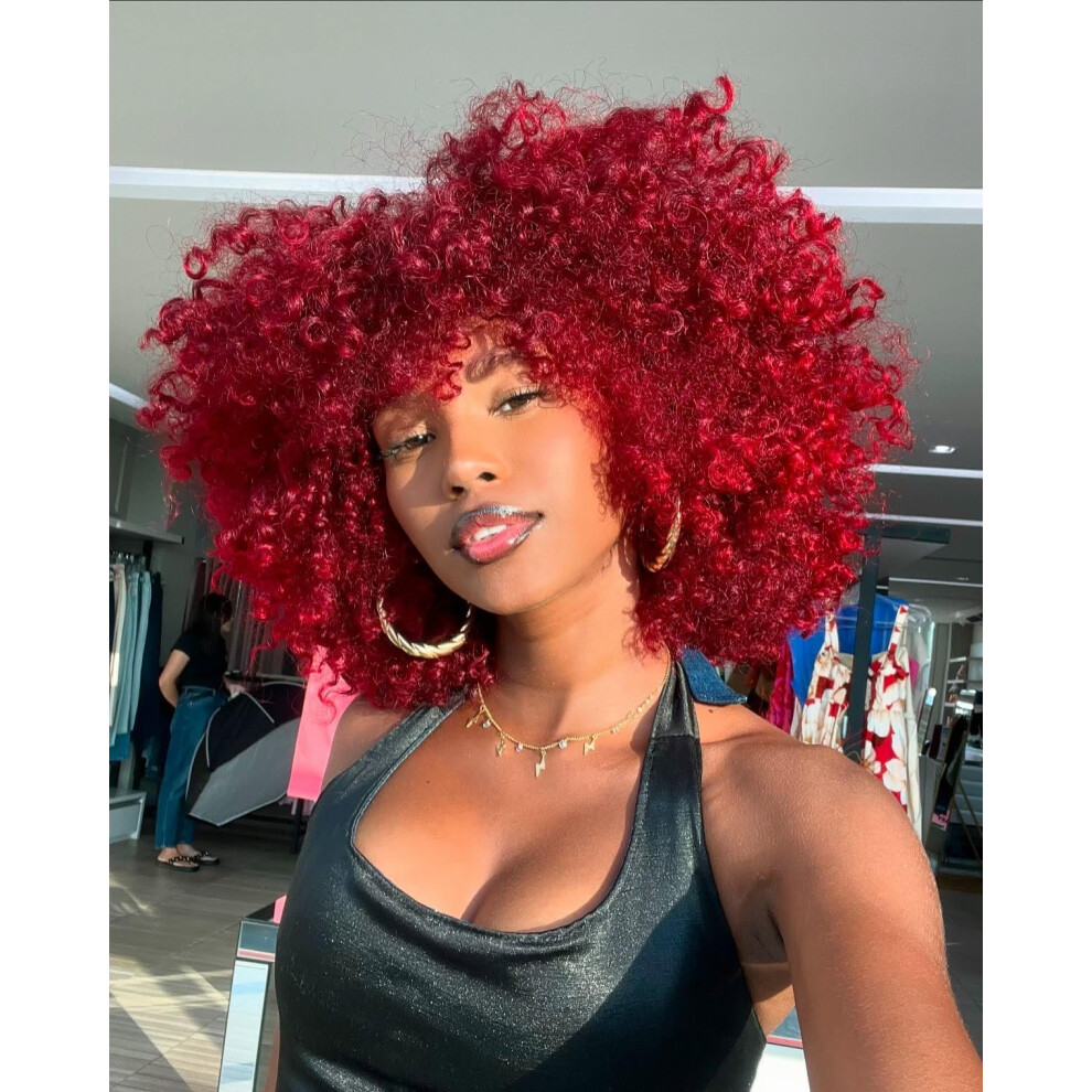 Runm Hair Unisex Black Runm Short Curly Afro Wig With Bangs For Women Kinky Curly Hair Wig Afro Synthetic Full Wigs(Burgundy)