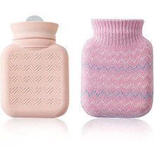 Baby Hot Water Bottle Small With Knitted Cover, Portable Mini Silicone Hand Warmer, Microwave Safe Reusable Pink