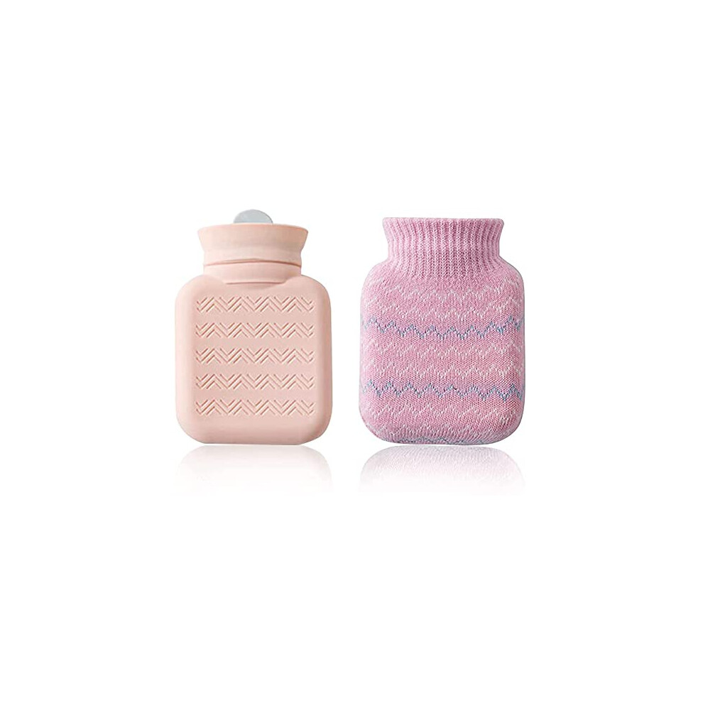 Pink Baby Hot Water Bottle Small With Knitted Cover, Portable Mini Silicone Hand Warmer, Microwave Safe Reusable