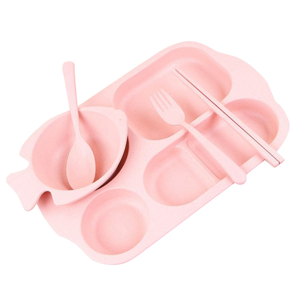 5Pcs Wheat Straw Kids Tableware Set With Utensils (Pink) Pink Ohphcall