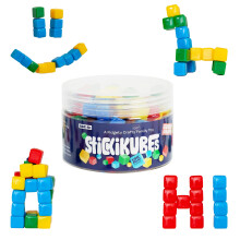 KOMARC GAMES StickiKubes - Mini Stacking Cubes That Stick to Anything - 125 Cubes in 4 Colors - Plastic Tub - Non Toxic Kid Safe