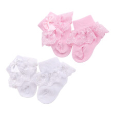 2 paar babysocken met kant en strik, warm en ademend (wit + roze, S)