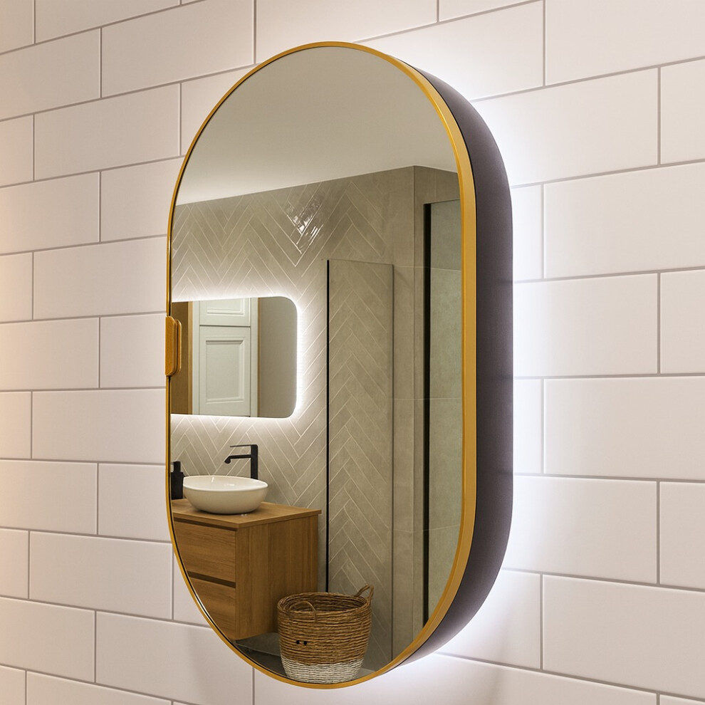 800 x 500mm Mirror Cabinet With Backlit LED Lights - Brushed Brass Framed Oval/Tablet-image-OPC-PJZXWPN-NEW