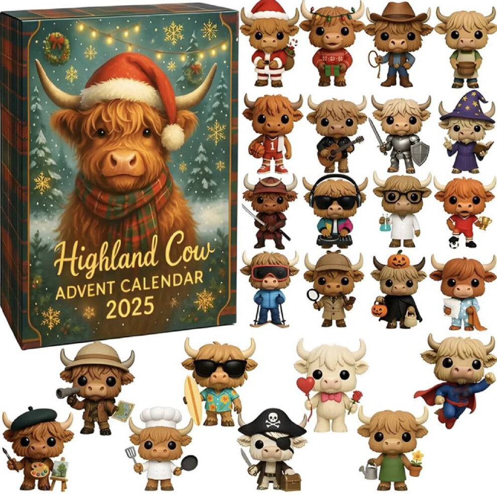 (A) 3D Christmas Advent Calendar 24pcs Highland Cow Christmas Countdown Christmas Tree Pendants Ornament Gift