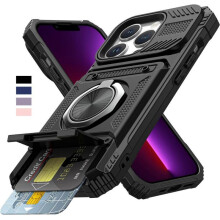 (Navy Blue, iPhone 13) Shockproof Armor Hard Case Cover with Wallet Credit Card Slot & Ring Stand Function, Anti-fall Phone Cover, Phone Case for 16 15 14