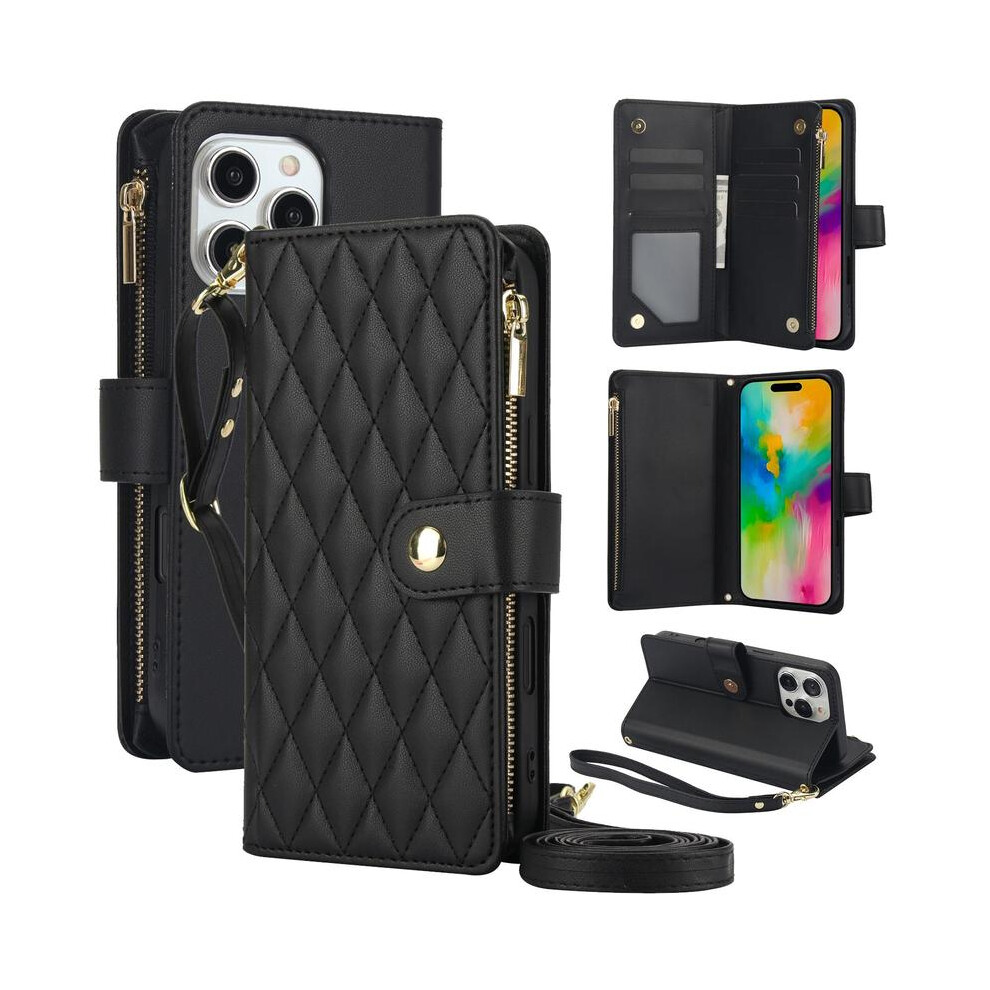 (Black + Long Rope, Iphone 13Pro) Quilted Pattern Phone Case With Card Holder, Adjustable Crossbody Zipper Purse Case With Kickstand Detachable Wrist Multicoloured 5031332475421
