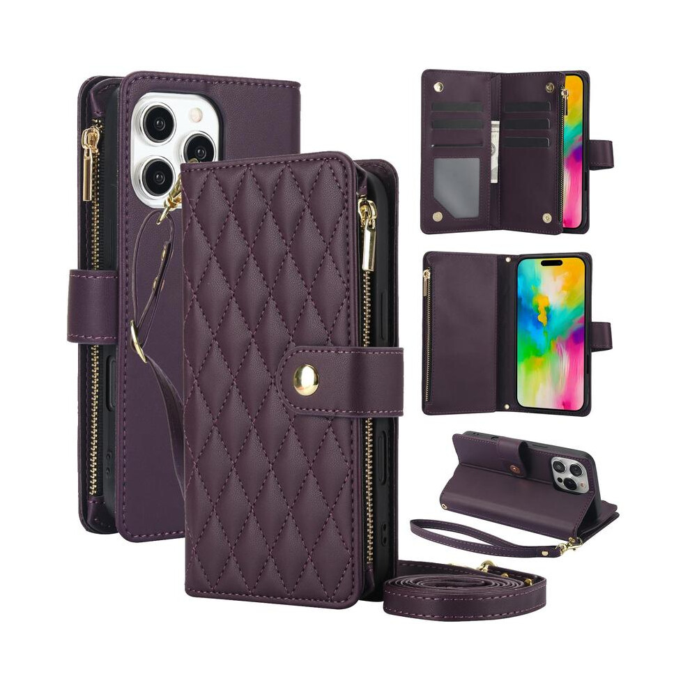 (Dark Purple + Long Rope, Iphone 13Pro) Quilted Pattern Phone Case With Card Holder, Adjustable Crossbody Zipper Purse Case With Kickstand Detachable Multicoloured 5031332475650
