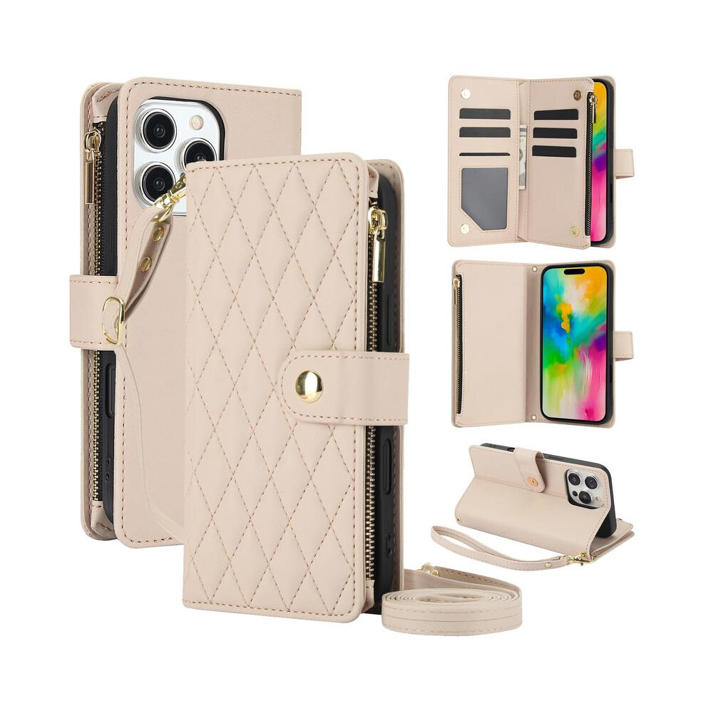 (White + Long Rope, Iphone 12 Pro) Quilted Pattern Phone Case With Card Holder, Adjustable Crossbody Zipper Purse Case With Kickstand Detachable Wrist Multicoloured 5031332476312