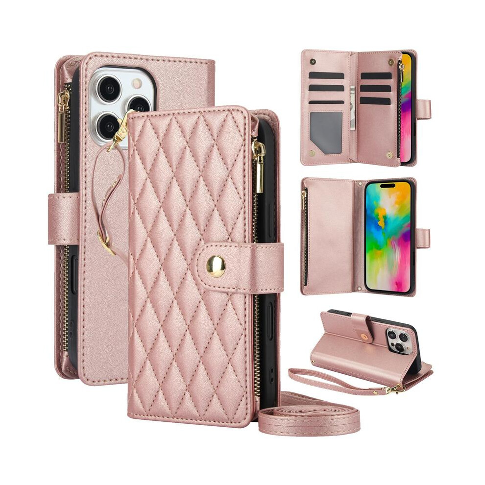 (Rose Gold + Long Rope, Iphone 14) Quilted Pattern Phone Case With Card Holder, Adjustable Crossbody Zipper Purse Case With Kickstand Detachable Wrist Multicoloured 5031332476138