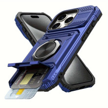(blue, iPhone 15 Pro Max) Shockproof Heavy-Duty Case for 16, 15, 14, 11 Pro Max Plus with Magnetic 360 Rotating Metal Stand and Hidden Dual Card Slots