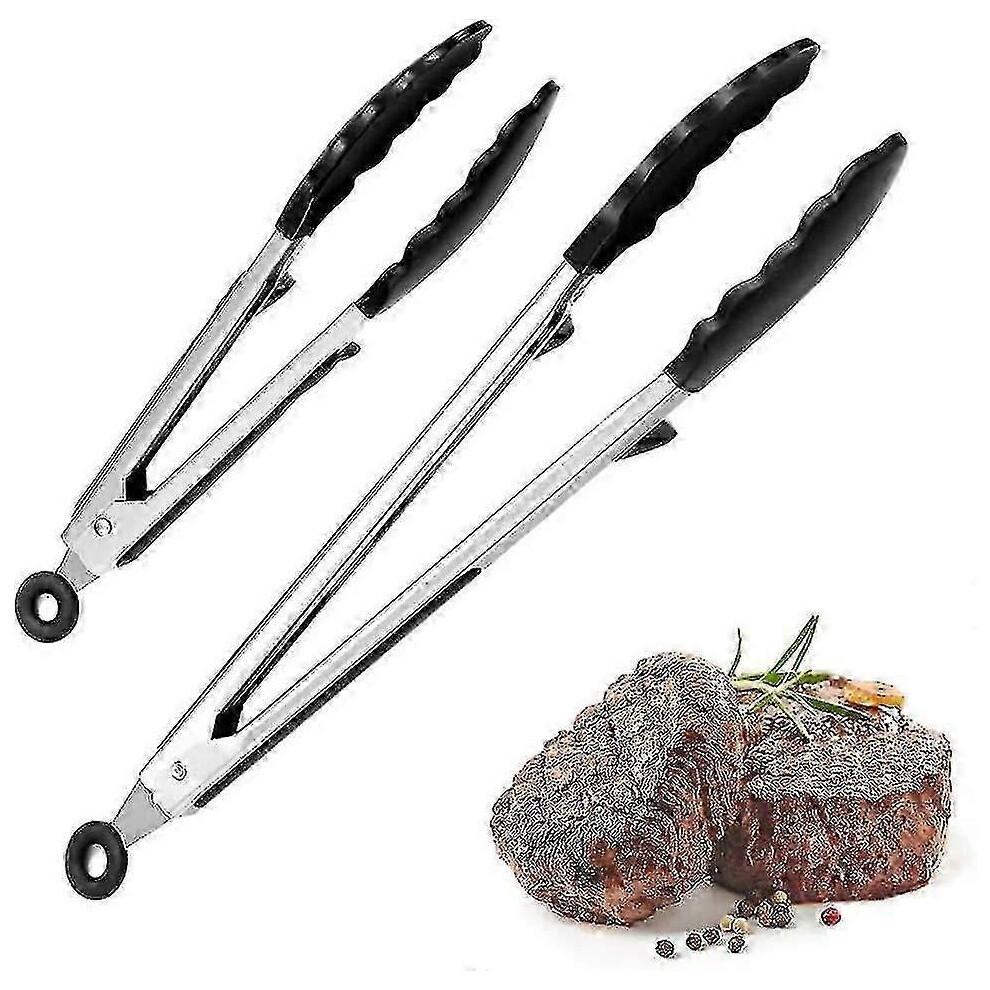 Kitchen Tongs, BBQ Tongs, 304 Stainless Steel Toaster Tongs with Silicone Handle, 9 and 12 Inch Chef Tongs with Holder and Hanging Hole G