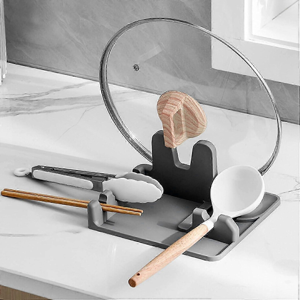 Silicone Spoon Rest With Lid For Stovetop, Bpa Free Utensil Rest For Countertop (Grey) Grey