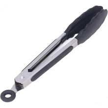 Premium Stainless Steel Non-Slip Kitchen Tongs (27cm) and Silicone for BBQ, Serving, Frying and Cooking - Black (1pc)