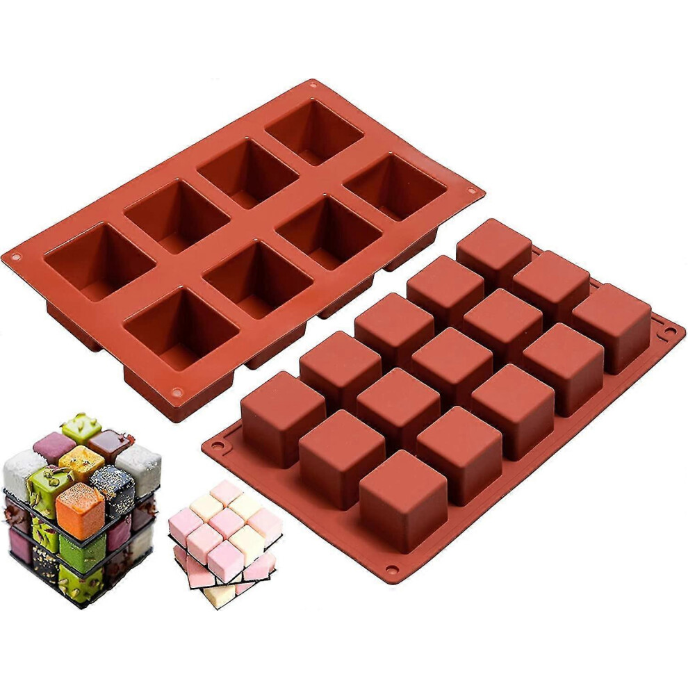 Set of 2 8-cavity and 15-cavity square silicone molds for homemade mousse cakes, cakes, puddings, hard candies, caramels, truffles and chocolates