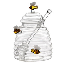 Honey Pot 500ml Set With Dipper And Lid Transparent Jar With Cute Honeybees Drizzler For Syrup And Store