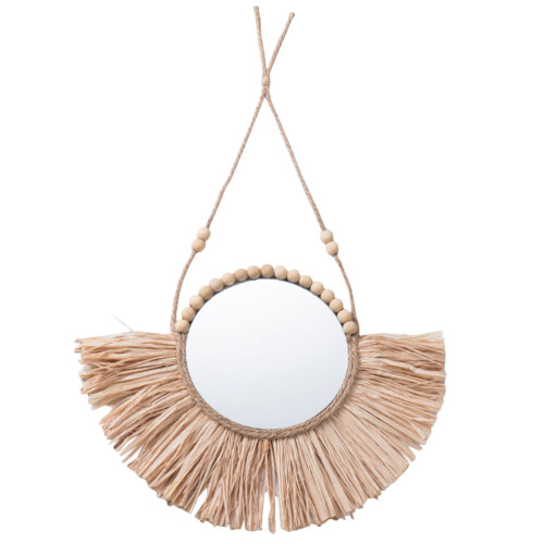 Handmade Raffia Wall Mirror Pendant Rustic Style Home Decoration