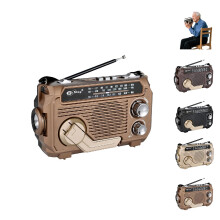 Solar-Powered Radio Vintage Decor Hand-Crank, LED Flashlight, Rechargeable Battery, Camping (Light Brown)