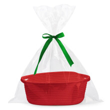 Baby Gift Basket With Transparent Gift Bag, Ribbon Woven Rope Basket For Diaper Organization, Red Cotton Material