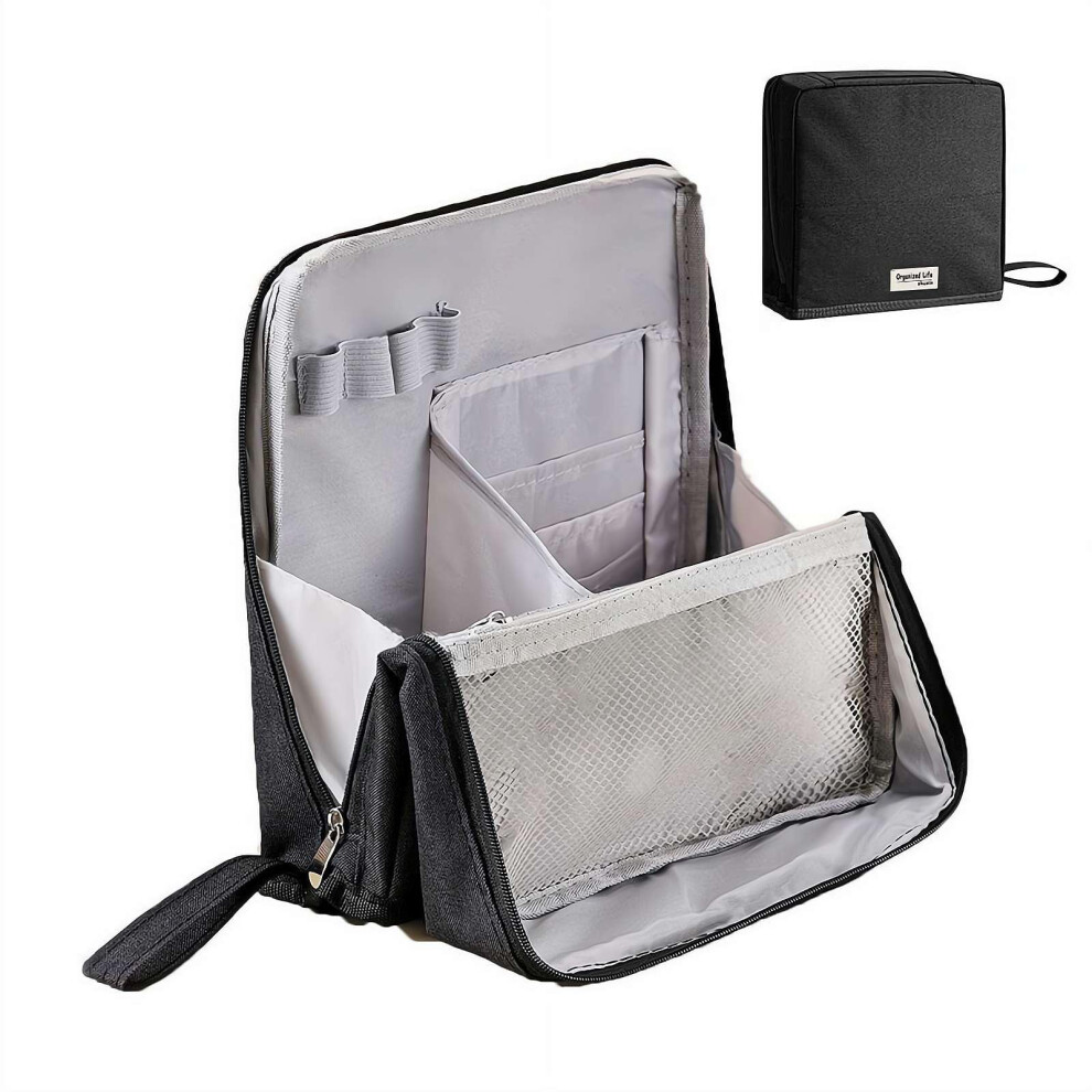 Black Makeup Bag Standing Oxford Cloth Large Capacity 8 Compartments Waterproof Portable Toiletry Bag