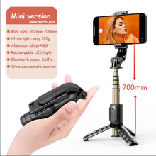 (Mini Selfie Stick-Black) New 3 in 1 Bluetooth Selfie Stick, Foldable and Protable Sturdy Tripod with ONE Fill Light, Remote, Rechargeable, Portable Compatible with