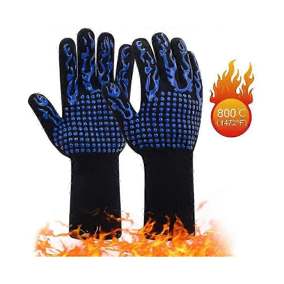 (Blue) Non-Slip Extreme Heat Resistant Oven Mitts, Flame Retardant Oven Gloves Blue