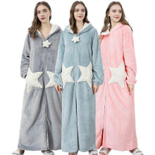 (XL,Pink)Women Hooded Dressing Gown Bathrobe Warm Thicken Coral Fleece Star Zip Robes
