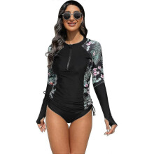 (L, Green Leaf 2pcs) Women's Short/Long Sleeve One-Piece Swimsuit with Tropical Floral Print Zipper Front Rash Guard Bathing Suit Beachwear