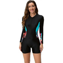 (M, Black * Blue Leopard) Women's Short/Long Sleeve One-Piece Swimsuit with Tropical Floral Print Zipper Front Rash Guard Bathing Suit Beachwear