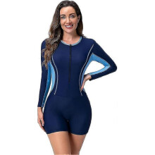 (S, Dark Blue) Women's Short/Long Sleeve One-Piece Swimsuit with Tropical Floral Print Zipper Front Rash Guard Bathing Suit Beachwear